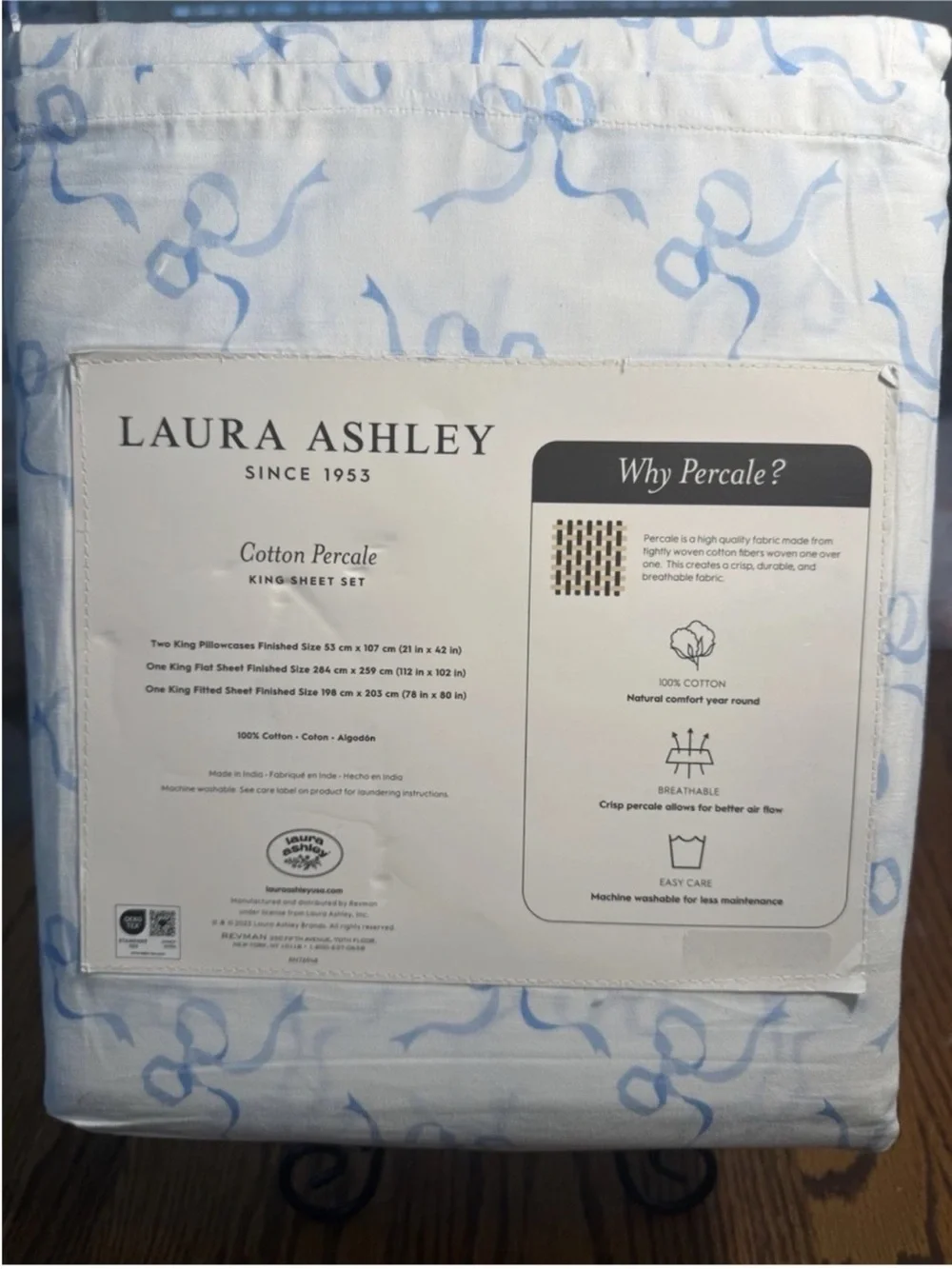 Laura Ashley King Blue Bow 100% Percale Cotton Sheet Set NWT Cottagecore